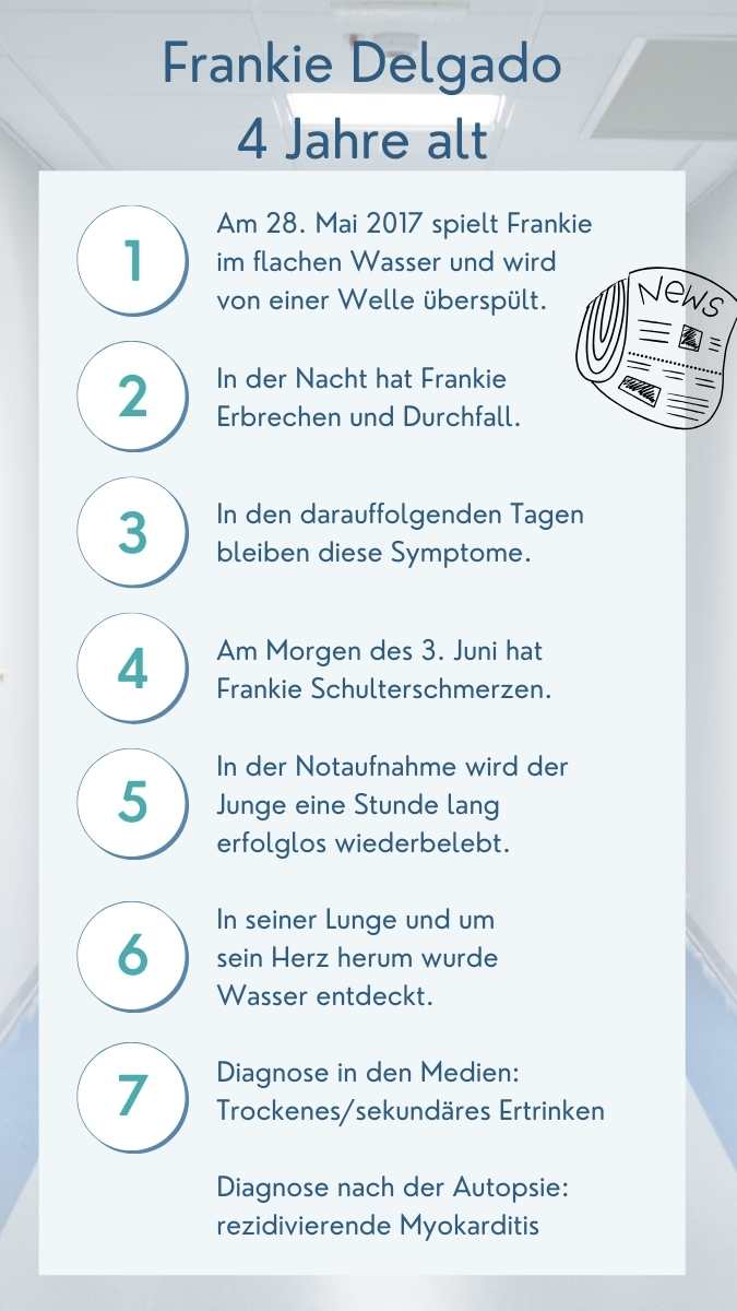 Medien berichten bis heute, dass Frankie Delgado am sekundären Ertrinken gestorben sein soll. Drei Notfallmediziner berichten dagegen, dass die Ursache eine rezivierende Myokarditis war. Quellen Schmidt, Andrew; Sempsrott, Justin; Hawkins, Seth (2018): Special Report. The Myth of Dry Drowning Remains at Large. In: Emergency Medicine News 40, S. Andrew Schmidt, Seth Hawkins; Quan, Linda (2019): Drowning is never dry. In: Expert Review of Respiratory Medicine 13 (4), S. 313–315.